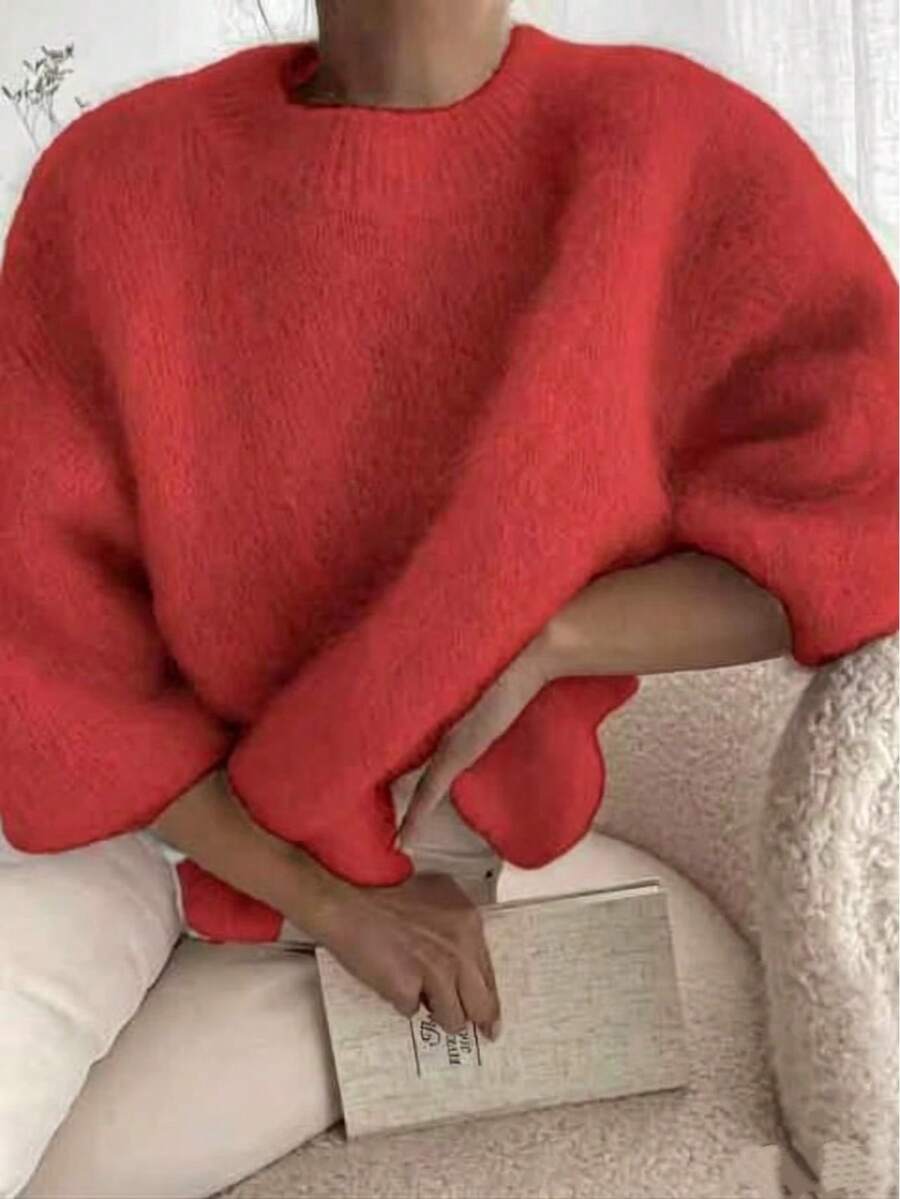 Women's Fashionable Minimalist Fuzzy Ribbed Knit Crew Neck Sweater, Regular Length, Drop Shoulder, 3/4 Sleeve Top - Red - View 1