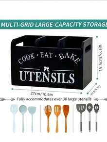 Portautensili in legno rustico extra large - Organizer da appoggio o da parete con 3 scomparti, adatto per attrezzi da cucina e da forno, supporto multifunzione per la cucina di alta qualità - Multicolore - Visualizzare 7