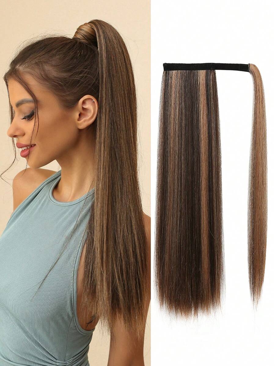 Kẹp tóc đuôi ngựa thẳng Phần mở rộng tóc cho phụ nữ Quấn quanh dài tự nhiên Phụ kiện sợi tóc tổng hợp thẳng 24 inch Màu nâu nổi bật đến tóc vàng - Màu dương cầm - Xem 1