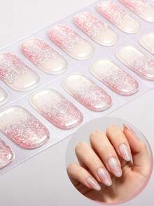 16 piezas de tiras de gel semi-curadas con purpurina, pegatinas de uñas de gel autoadhesivas con degradado rosa dulce, calidad de salón, fáciles de aplicar, perfectas para citas de vacaciones de mujeres, arte de uñas DIY - Rosa - Ver 12