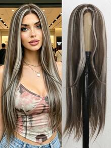 26 Inch Brown Highlighted Synthetic Straight Wig, No Bangs. Natural Machine-Made Straight Wig. Suitable For Women's Everyday Wear, Parties, And Holidays. (Hair Color: Multiple Colors Available), Halloween - Multicolor - View 3