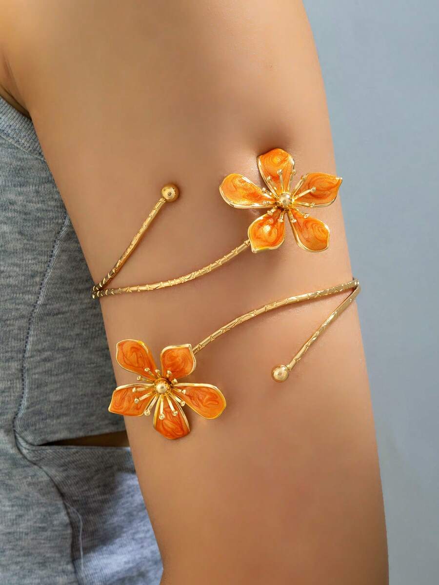 1pc Fashionable New Enamel Drip Glaze Floral Open Cuff Bangle Bracelet For Women, Niche Premium Style Multicolor Arm Ring - Multicolor - View 1