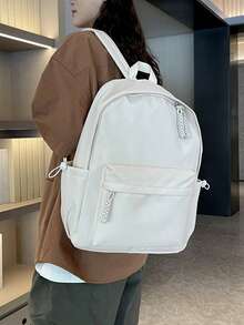 Mochila de nylon de unicolor minimalista para mujer, mochila ligera para uso diario de negocios y desplazamientos, mochila casual de gran capacidad con múltiples bolsillos adecuada para oficina, trabajo, viajes y escuela - Blanco - Ver 8
