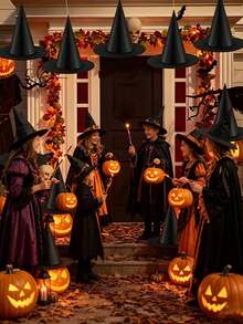 6pcs Halloween Witch Hat Hanging Decorations, 1pc 35m Fishing Line, Halloween Witch Costume Accessories, Halloween Indoor/Outdoor Party Decorations, Halloween Party Decor, Black Pointed Top Hat Decorations, Witch Hat Costume Props, With Fishing Line, Suitable For Indoor/Outdoor Halloween Party Decorations, Durable Weather-Resistant Haunted House And Garden Decorations - Multicolor - View 8