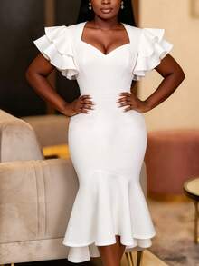Vestido elegante y noble blanco ajustado con bajo de sirena para mujer AOMEI, escote en forma de corazón, mangas cortas con volantes, elegante para fiesta, invitada de boda, aniversario de boda, vestido de verano - Blanco - Ver 1