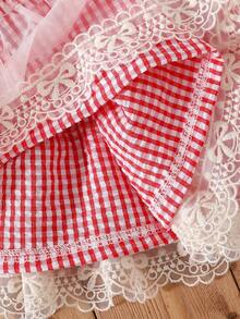 2pcs/Set Girls Sweet Bow Sleeveless Tank Top And Red Plaid Tulle Cake Skirt Summer Outfit - White - View 9