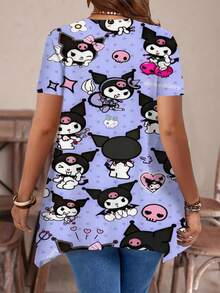 Sanrio Summer Round Neck Top Sanrio Irregular Hem T Shirt Kuromi Print Summer Clothes Summer Tops Casual Wear For Women - 彩色 - 查看 3