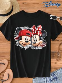 Disney 1pc Men's Short Sleeve T-Shirt, Loose Fit, Mickey Mouse And Minnie Mouse Cartoon Print, Round Neck, Slightly Elastic - Black - View 3