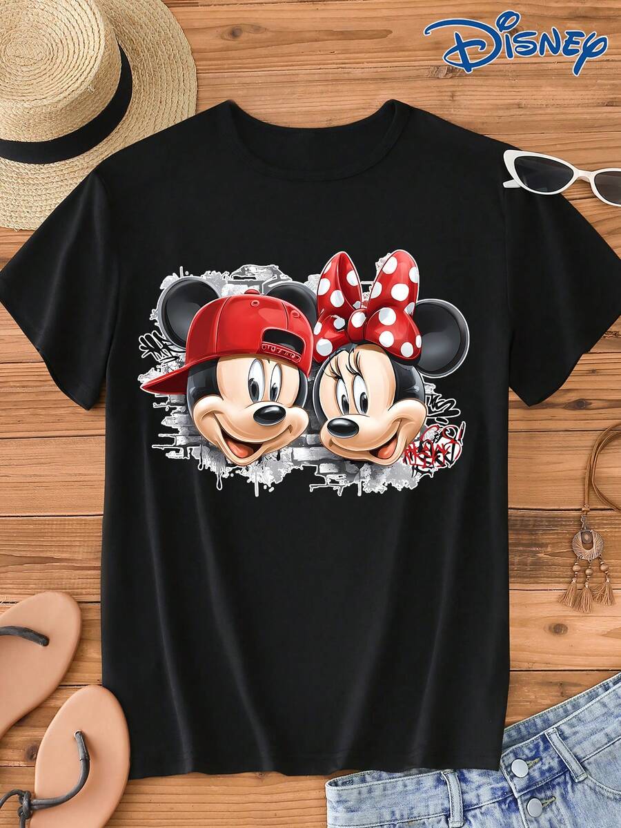 Disney 1pc Men's Short Sleeve T-Shirt, Loose Fit, Mickey Mouse And Minnie Mouse Cartoon Print, Round Neck, Slightly Elastic - Black - View 1