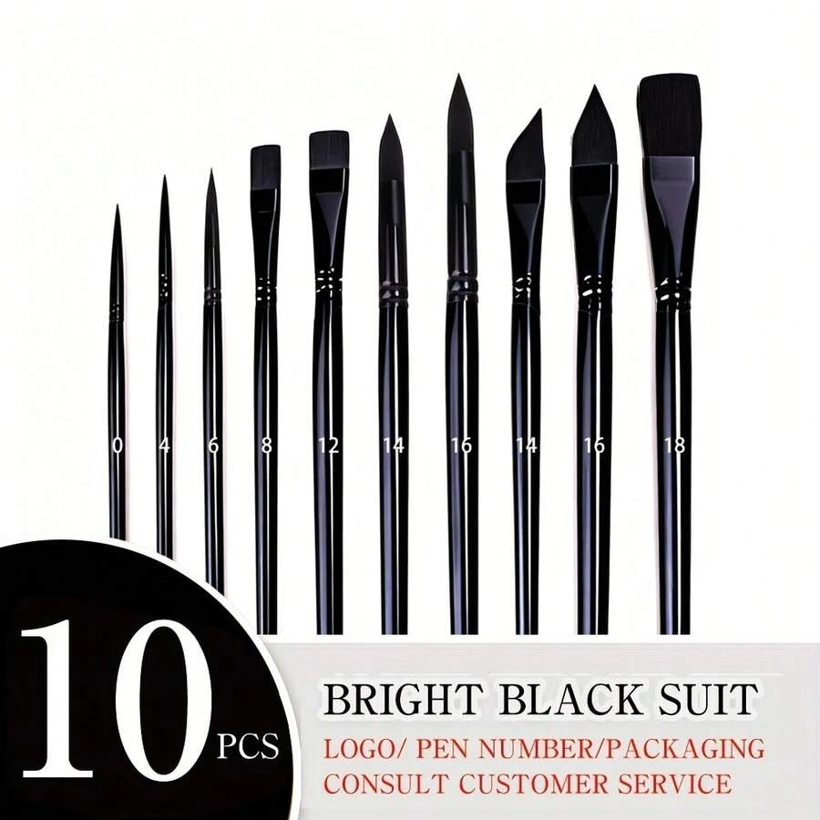 Juego de 10 pinceles profesionales: 5 tipos de pinceles básicos (puntiagudo, plano, lengua de gato, angulado) adecuado para técnicas de pintura con acuarela, acrílico, óleo y gouache - Multicolor - Ver 1