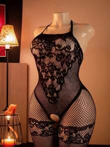 Plus Size Sexy Women'S Cut-Out Fishnet Bodysuit - Sleeveless Single Strap Glamorous Floral Pattern | Crotch Bodystockings | Stretch Fabric - Black - View 2