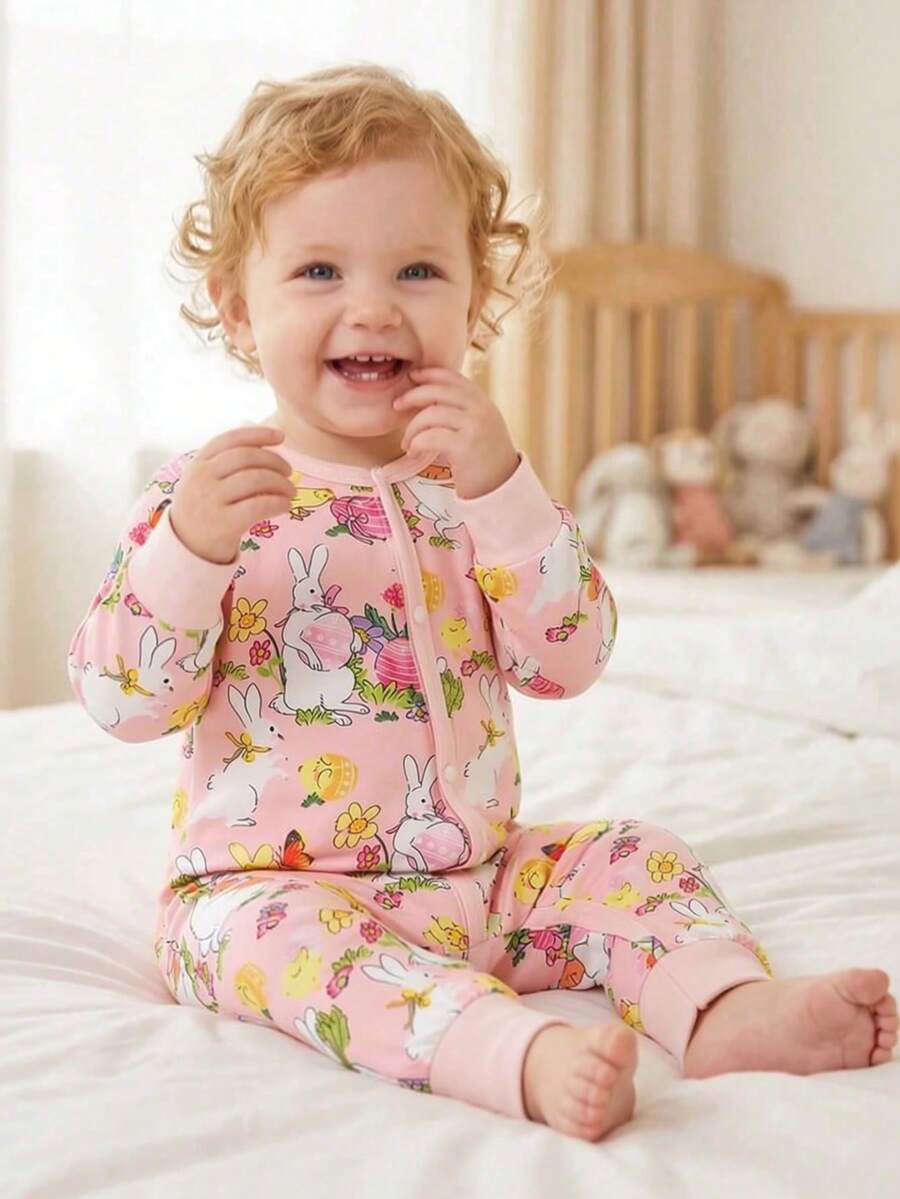 Cute Pink Cartoon Rabbit Print Infant Jumpsuit, Suitable For All Seasons