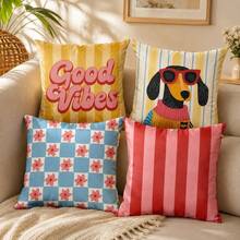 4pcs/Set, Contrast Color Throw Pillow Covers, Cute Dog Letter Plaid Stripe Ditsy Floral, Pastoral Fresh Style Bedroom Sofa Cushion Covers, Zipper Easy To Remove And Wash, Pillow Inserts Not Included - Multicolor - View 14