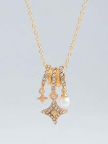 1pc Fashionable Elegant Faux Pearl Star Pendant Necklace, Luxury Design Sense Women's Collarbone Chain, Versatile Style - Multicolor - View 2