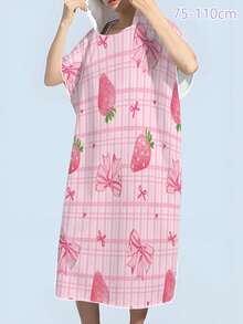 1pc Pink Plaid Strawberry Bow Pattern Hooded Bath Towel, Modern Style Ultra-Fine Microfiber Rectangular Absorbent Changing Robe Multi-Function Towel Suitable For Indoor Bathroom Outdoor Beach Bath Towel Bathrobe Birthday Gift, All Season Bathroom Bathing Home Shower Wrap Bathing Robe, Loose Fit Unisex Couple Loungewear Suitable For Christmas And Other Holidays - Multicolor - View 2