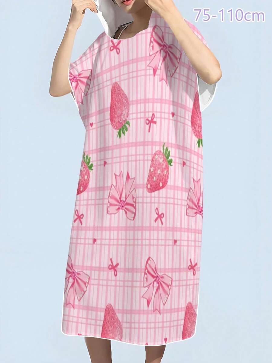 1pc Pink Plaid Strawberry Bow Pattern Hooded Bath Towel, Modern Style Ultra-Fine Microfiber Rectangular Absorbent Changing Robe Multi-Function Towel Suitable For Indoor Bathroom Outdoor Beach Bath Towel Bathrobe Birthday Gift, All Season Bathroom Bathing Home Shower Wrap Bathing Robe, Loose Fit Unisex Couple Loungewear Suitable For Christmas And Other Holidays