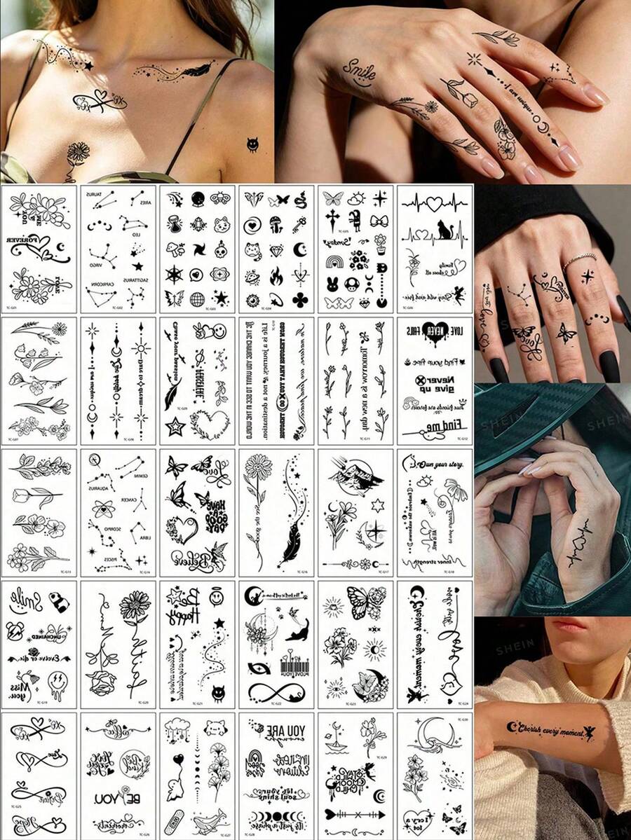 30 Pieces Of High-Quality Black Temporary Tattoo Stickers With A Variety Of Designs, Including Flowers, Plants, Letters, Planets, Hearts, And Lines. Suitable For Fingers, Collarbones, Arms, Ankles, And Other Body Parts. Waterproof And Long-Lasting - Black - View 1