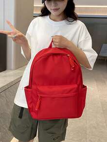 Women's Minimalist Solid Color Nylon Backpack, Lightweight Business Commute Daily Use Backpack, Multi-Pocket Large Capacity Casual Backpack Suitable For Office, Work, Travel, School - Red - View 6