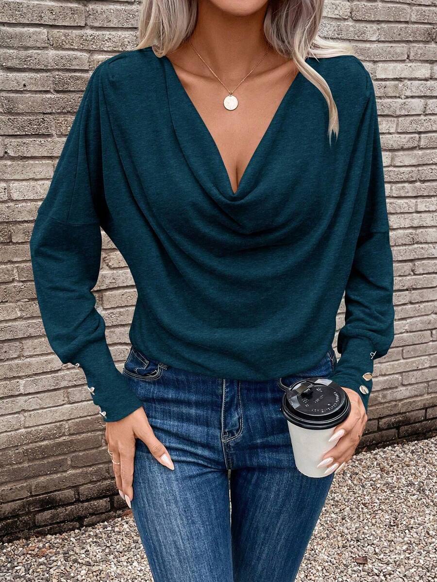 Ruched Draped Neckline T-Shirt - Peacock Green - View 1