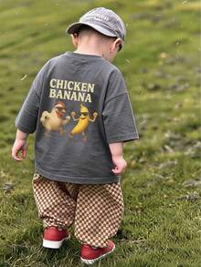 Young Boy Casual Graphic Print Crew Neck Short Sleeve T-Shirt, Summer Top - Dark Grey - View 1