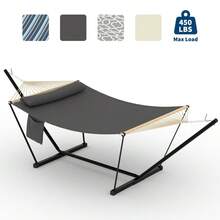 Robuste Doppel-Hängematte mit Stahlgestell – Tragbare Outdoor Hängematte für 2 Personen – Inkl. weichem Kissen, Balance-Seile, hohe Belastbarkeit, für Garten, Terrasse, Balkon oder Strand - Dunkelgrau - Übersicht 8