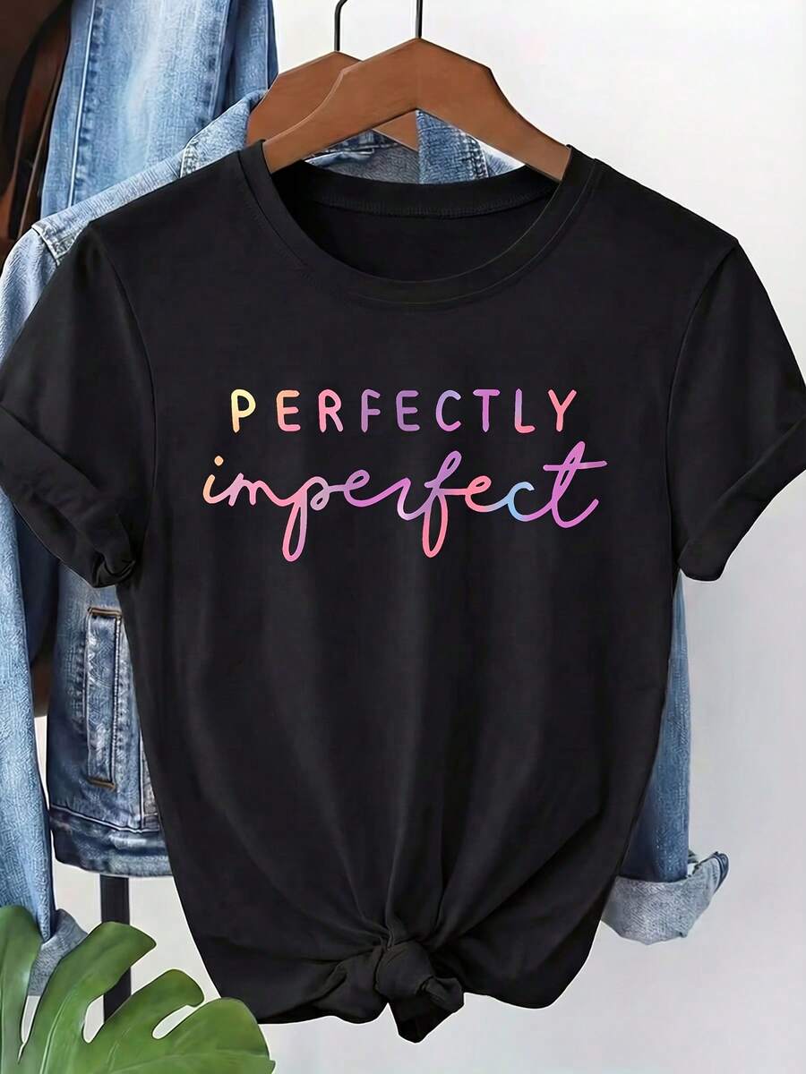 Women's Black Printed T-Shirt In A Youthful Style, 100% Cotton, Round Neck, Short Sleeves, Cool And Breathable Fabric, Perfect For Outings With Friends, Pairs Well With Shorts And Jeans - 黑色 - 查看 1