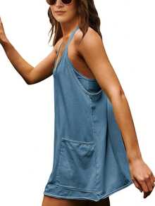 Women's Sleeveless Summer Mini Dress, Spaghetti Strap Style, Short Dress With Pockets - Pearl White - View 3