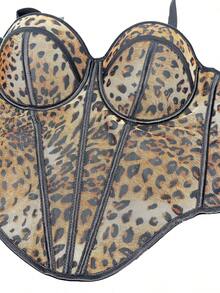 Sexy Leopard Print Patchwork Bra With Straps, High Quality Sheer Lace Mesh Corset With Boning. - 花色 - 查看 5