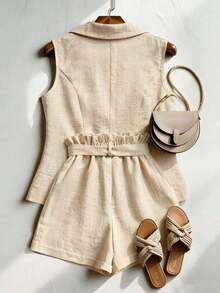 Conjunto de 2 piezas de verano para mujer, shorts con cintura anudada con volantes, adecuado para ir al trabajo, uso diario, estilo elegante - Burdeos - Ver 11