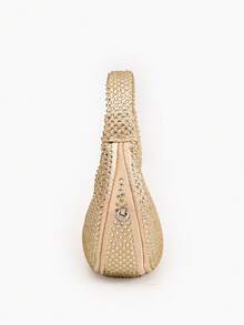 Mini Hobo Bag In A Crescent Shape, Fully Covered In Rhinestones, Integrated Circular Handle With Bow, Zipper, Various Colors, Women's Party, Wedding, Birthday Gift - Camel - View 3