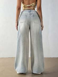 IDYLLIC Pantalones baggy Wide leg jeans mujer Vaqueros pantalón ropa casual lavada con agua cintura alta pantalones vaqueros pantalon de mezclilla dama pantalones cargo de mujer - azul real - Ver 4