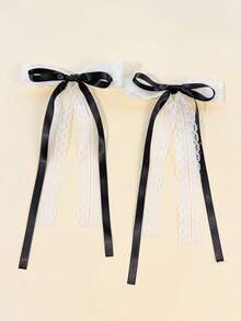 2 piezas/Set Pinzas para el cabello con lazo de cinta larga de encaje y satén para mujer, estilo dulce, adecuado para uso diario, pasador para el cabello - Multicolor - View 3