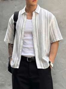 WAIT HIM Men's Linen Casual Box-Shaped Printed Short Sleeve Shirt, Summer - Blue and White - View 8