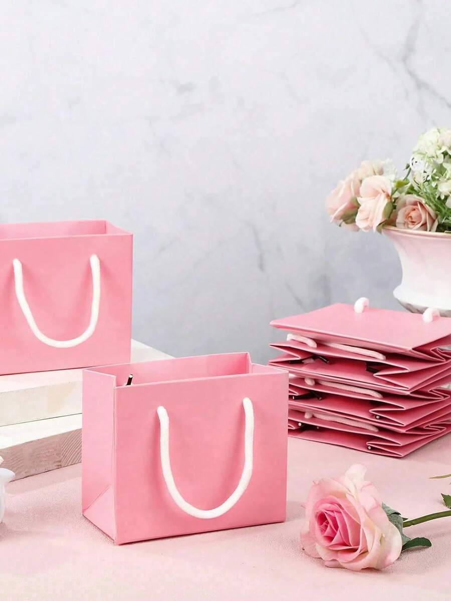 Mini Pink Rope Handle Paper Gift Bags, Suitable For Business, Wedding, Birthday Party Gift Packaging And Shopping Bags, Size 3.9 X 4.7 X 2.4 Inches (10 X 12 X 6 Cm) - Multicolor - View 1