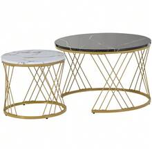 (WF300416AAA) Set Of 2 Modern Nesting Coffee Tables, Marble Veneer, Nesting Style, Round, With Gold Frame. - Black - View 10