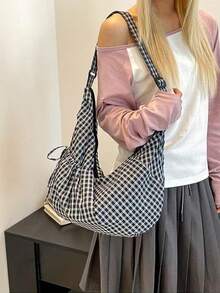 開學季韓系Ins小眾設計百搭大學生女款單肩包藝術購物袋慵懶學生上課帆布包通勤包 - 黑色 - 查看 5