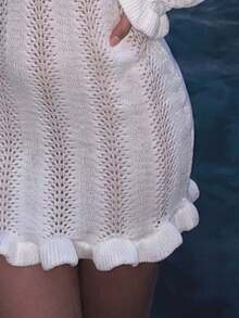 White Knitted Hollow Out Beach Cover-Up, Shell Button Backless Tie-Up Vacation Beach Dress Summer - White - View 7