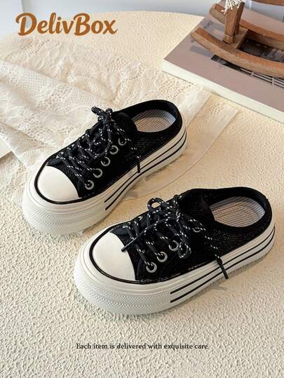 Korean Style Minimalist Kids Slippers, Black Mesh Thick Sole Versatile Summer Shoes