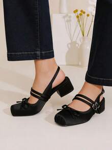Sweet Bow Chunky Heels Cute Fashionable Square Toe Slingback Pumps Spring&Summer Suitable For Party Banquet Cosplay, Elegant Lady Shoes Woman - Black - View 8