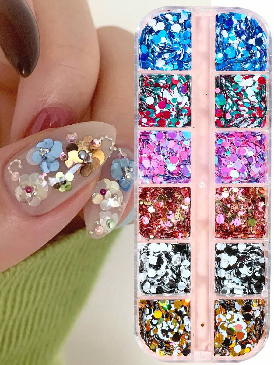 12 Raster/Box Holografische runde Pailletten Nageldekoration schillernde funkelnde runde Flocken für Blumenblütenmuster DIY Salon Maniküre Designs, ideal für Dates, Hochzeiten, Urlaub und tägliche Nagelkunst Zubehör Nagelbedarf Nagelcharms - Verschiedenfarbig - Übersicht 1