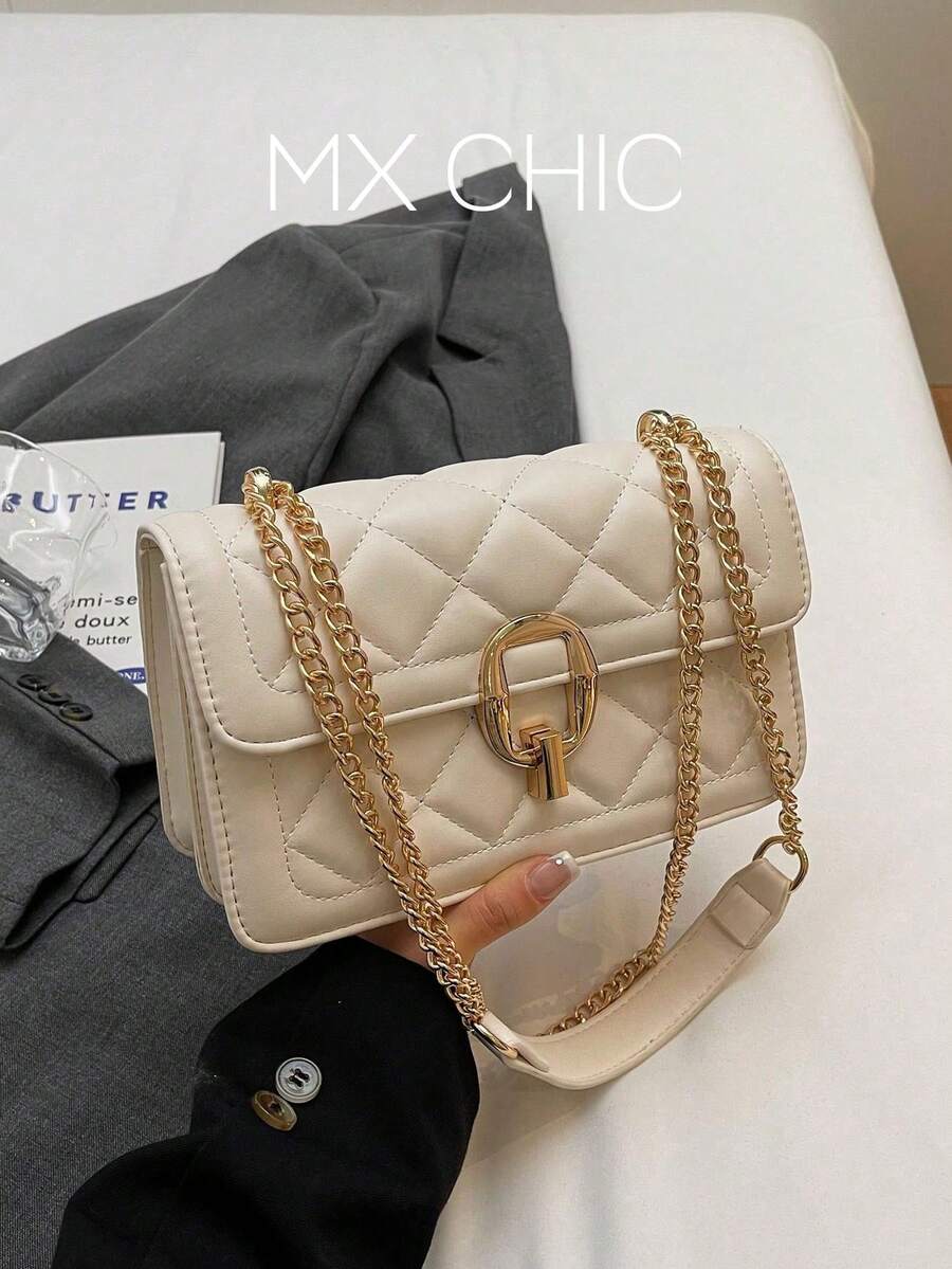 New Fashion Solid Color Square Crossbody Bag With Chain Strap For Women - Beige - View 1