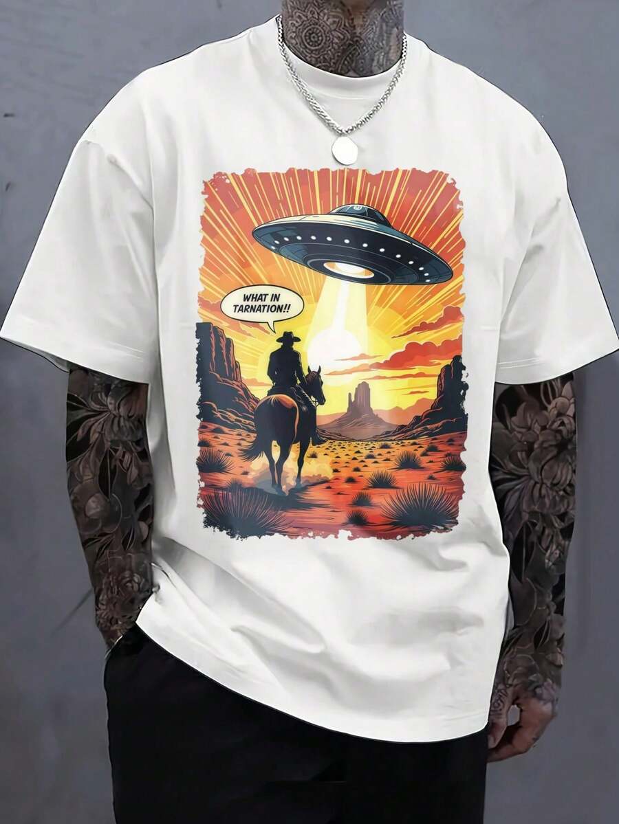 1 Piece Men's Printed T-Shirt - Cowboy On A Horse Watching A UFO In The Desert Under The Sun Design, Casual Short Sleeve Crew Neck T-Shirt For Urban Wear - 白色 - 查看 1
