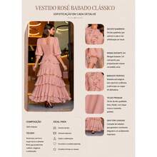 Vestido Mídi Evangélico Musseline Camadas Babados Manga 3/4 Lastex Forrado Elegante Feminino - Rose - Visão 4