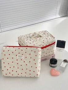 Red Heart Print Quilted Makeup Bag, 3 Sizes Portable Handheld Cosmetic Storage Bag, Large Capacity Travel Toiletry Organizer - Multicolor - View 7