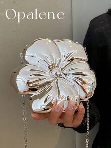 Elegant Mini Flower Shaped Metallic Evening Bag For Women Chain Silver Purse Y2k Travel Shoulder Crossbody Bag Outdoor Beach Handbag For Wedding Prom - 銀色 - 查看 8