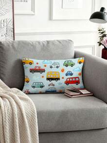 1/2pcs Vintage Cartoon Car And Bus Design Pillowcases With Zipper Closure - Perfect For Sofa, Bedroom, Patio Decor, Decorative Lumbar Pillow, Cushion Cover, No Pillow Insert - Foggy Sky, Light Blue - View 10