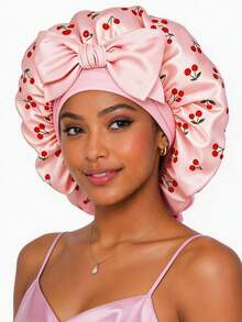CONFLASS Cherry Patterned Round Bonnet With Bow And Long Ribbon Layers, Silk Tie Sleep Cap, Satin Lined, Suitable For Women's Curly Hair, Braids And Natural Hairstyles - Multicolor - View 13