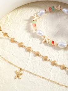 3pcs/Set Bohemian Style Gold Shell Handmade Chain, Fashion Faux Pearl Colorful Stone Starfish Pendant Anklet, Suitable For Beach, Holiday, Daily Wear, Adjustable Shell Chain Length, Random Shell Quantity And Colorful Stone Shape/Size/Color - one-size - View 5