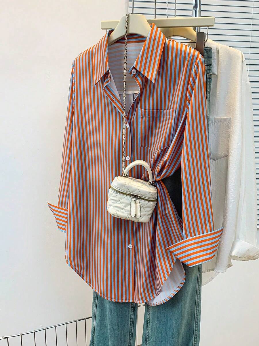 Blusa de mujer de manga larga con cuello puntiagudo y bolsillos con botones, a rayas, de estilo casual básico, adecuada para uso diario en la oficina, otoño/invierno/primavera - rayas azules y naranjas - Ver 1