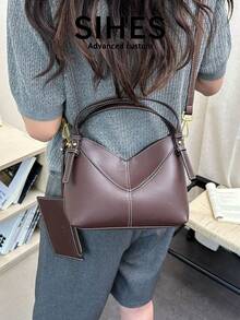 1 Stück einfarbiger PU-Leder Damen Rucksack Schultertasche Umhängetasche, modische Handtasche Eimertasche, verstellbarer Schultergurt, geeignet für Mädchen, Frauen, Studenten, Berufseinsteiger, Angestellte, perfekt für Büro, Schule, Arbeit, Geschäft, Pendeln, Outdoor, Reisen, Einkaufen und mehr (inklusive kleiner Tasche) - Kaffeebraun - Übersicht 3